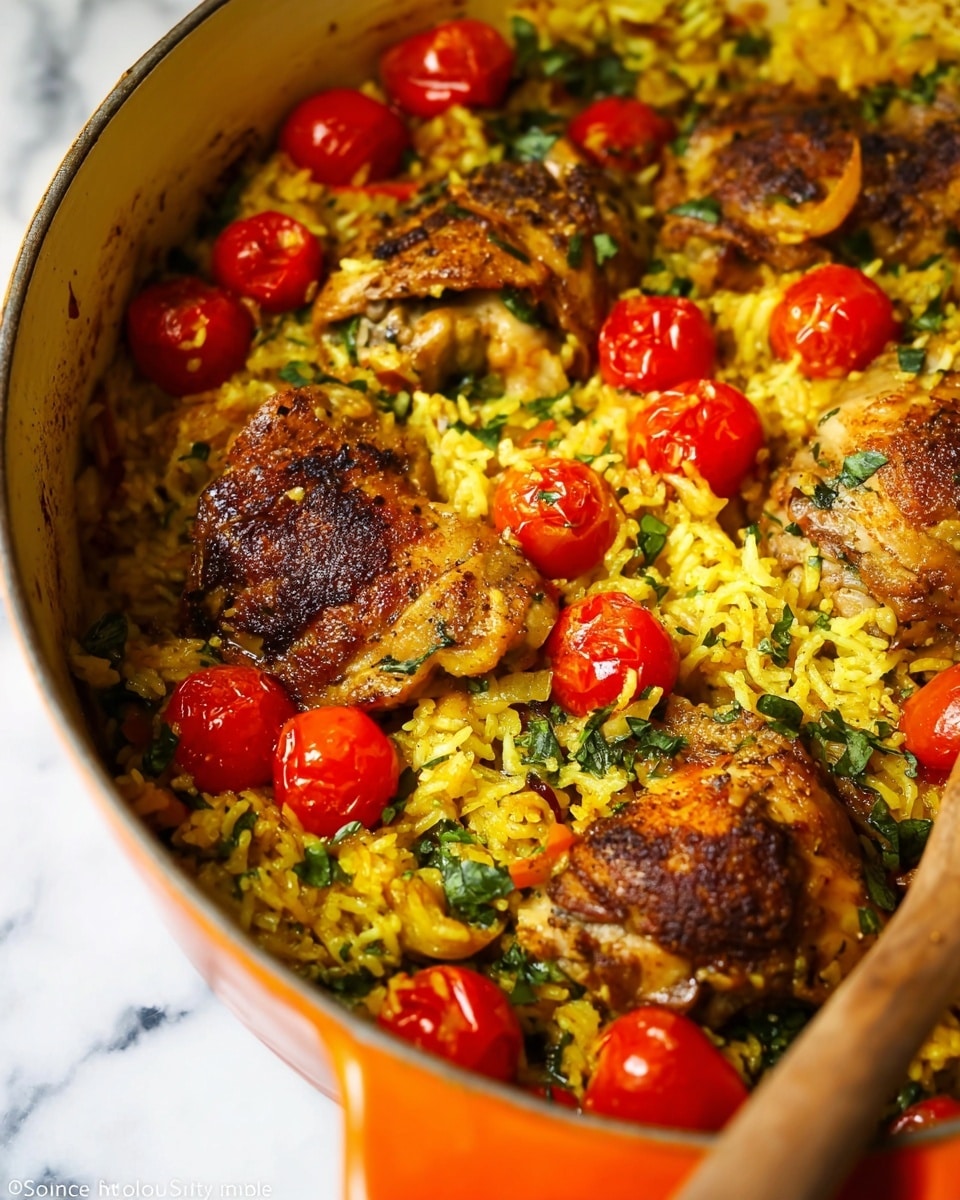 The image shows a close-up of a cooked dish inside an orange pot with a wooden spoon on the right side. The dish has a base layer of yellow, fluffy rice mixed with finely chopped green herbs. On top, there are several pieces of browned, seasoned chicken thighs placed unevenly around the pot. Scattered across the dish are bright red cherry tomatoes, some whole and some slightly cooked and split. The overall texture contrasts the soft rice, the juicy tomatoes, and the crispy skin of the chicken, creating a colorful and hearty meal. The background is a white marbled texture. photo taken with an iphone --ar 4:5 --v 7