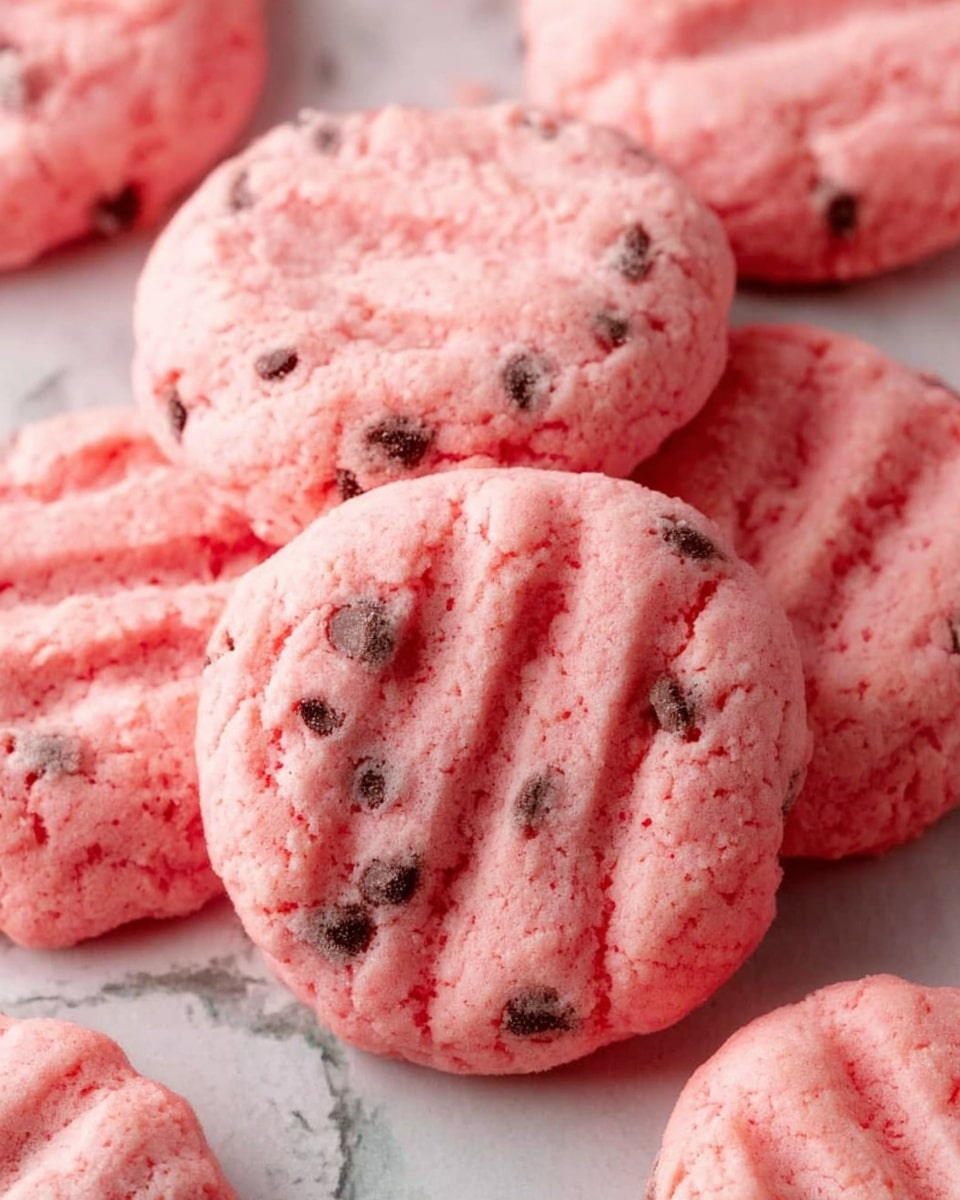A close-up view of round, pink cookies with a soft and slightly crumbly texture, each cookie having faint fork marks pressed on top in a grid pattern. The dough contains visible small dark chocolate chips and tiny red pieces scattered throughout. The cookies are placed flat on a white marbled surface, arranged in a neat cluster with some overlapping edges. The pink color is bright and contrasts with the darker chocolate chips and red bits dotted within the dough. Photo taken with an iphone --ar 4:5 --v 7