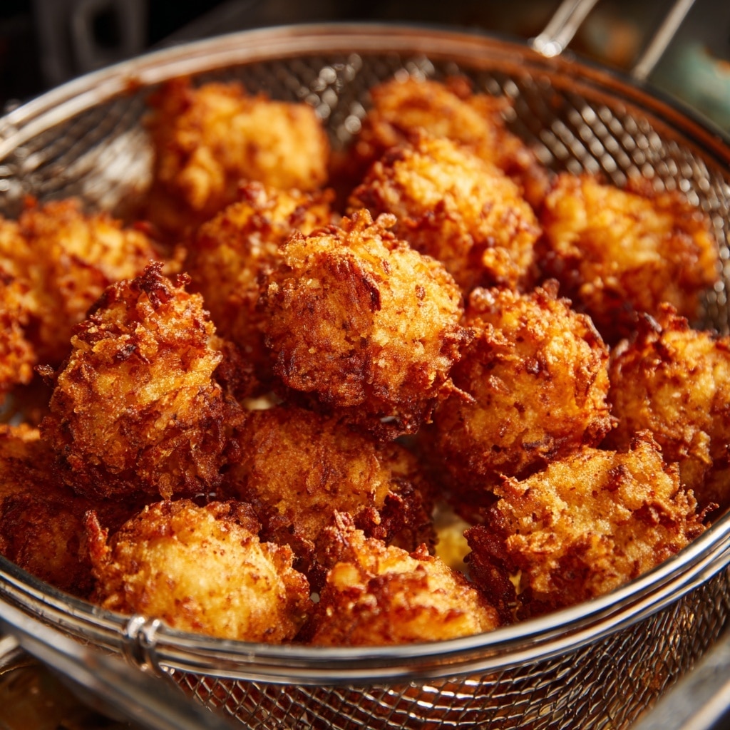 A white speckled bowl filled with many small, round, golden brown fried bites arranged in a loose circle. In the center of the bowl, there is a small white dish holding light orange creamy dipping sauce. The fried bites have a rough, crunchy texture with bits of crispy coating visible, showing a slightly darker golden color in some parts. The bowl is placed on a white marbled surface with a soft cloth partly visible around it. photo taken with an iphone --ar 4:5 --v 7