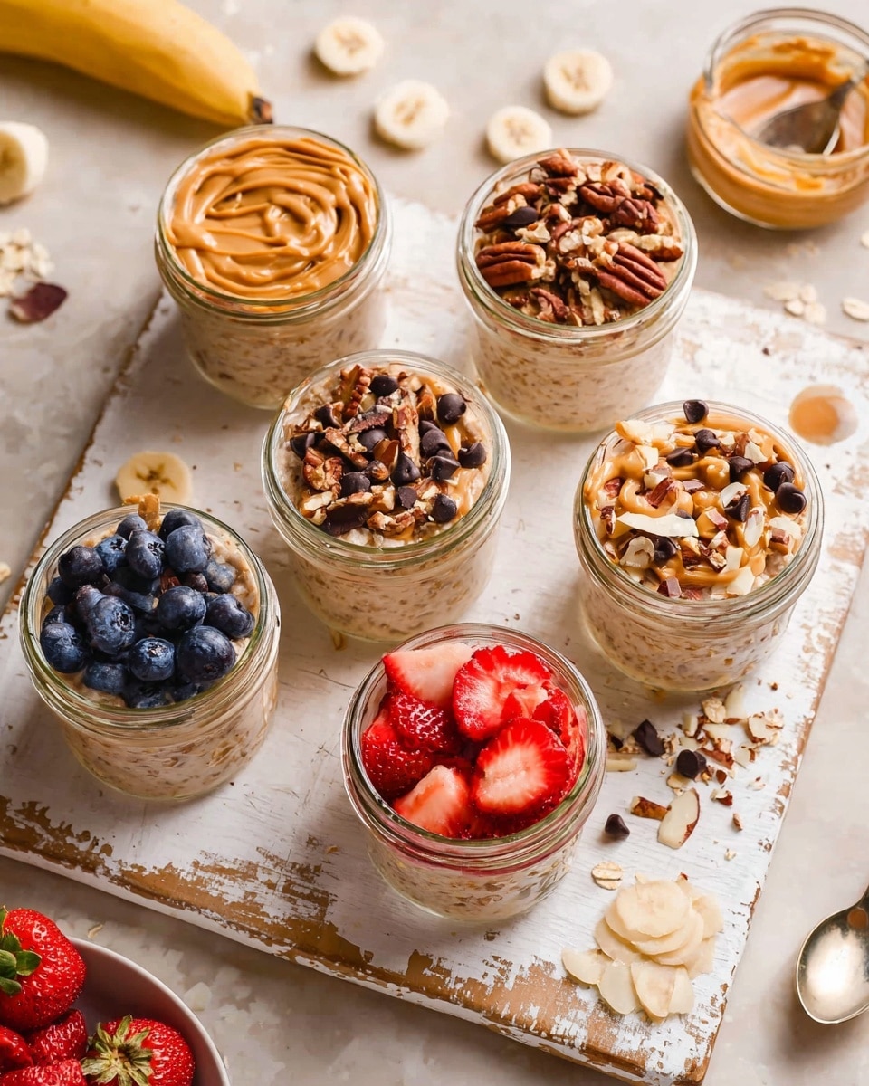 The image shows several clear round glass bowls filled with layered oatmeal dishes on a white marbled surface. Each bowl has three layers: the bottom layer is creamy oatmeal, the middle layer features various mix-ins like granola or oats, and the top layer displays different toppings. One bowl in front is topped with bright red strawberry pieces and drizzled with peanut butter. Another bowl nearby has sliced bananas and chopped nuts on top of a darker oatmeal base. A third bowl is topped with fresh blueberries and granola. Two other bowls show granola mixed with chocolate chips and oats, with one drizzled in peanut butter. The bowls are arranged closely, showcasing the different textures and colors clearly. Photo taken with an iphone --ar 4:5 --v 7