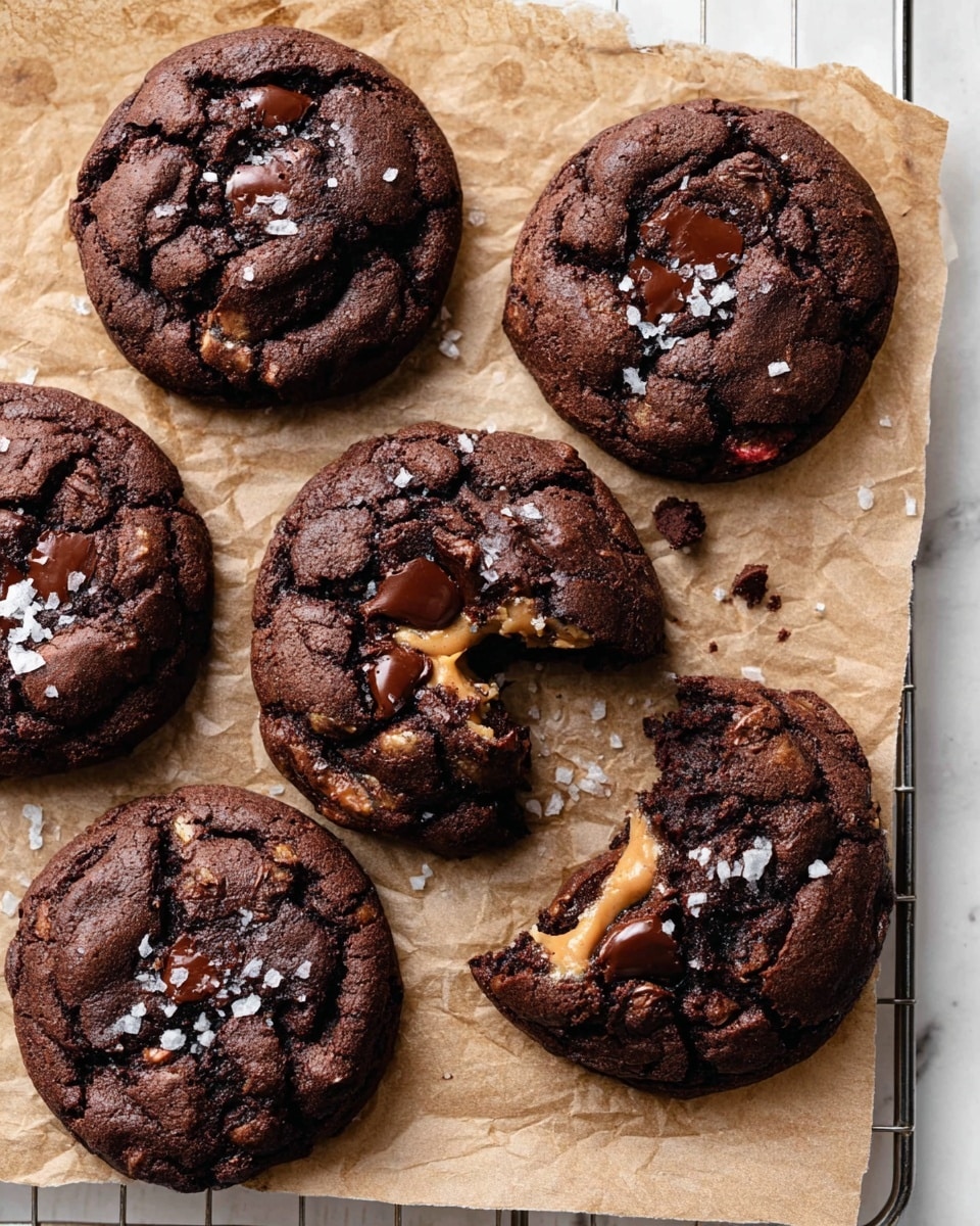 The image shows a close-up of a dark brown chocolate cookie broken in half, revealing a creamy, light caramel-colored filling inside with melted chocolate chips embedded throughout the cookie's soft, cracked surface. The cookie is topped with coarse sea salt flakes, adding texture and shine. The cookie sits on a white marbled surface, with two other whole cookies slightly blurred in the background. The focus is on the cookie's rich, gooey center and rough textured outer layer. Photo taken with an iphone --ar 4:5 --v 7