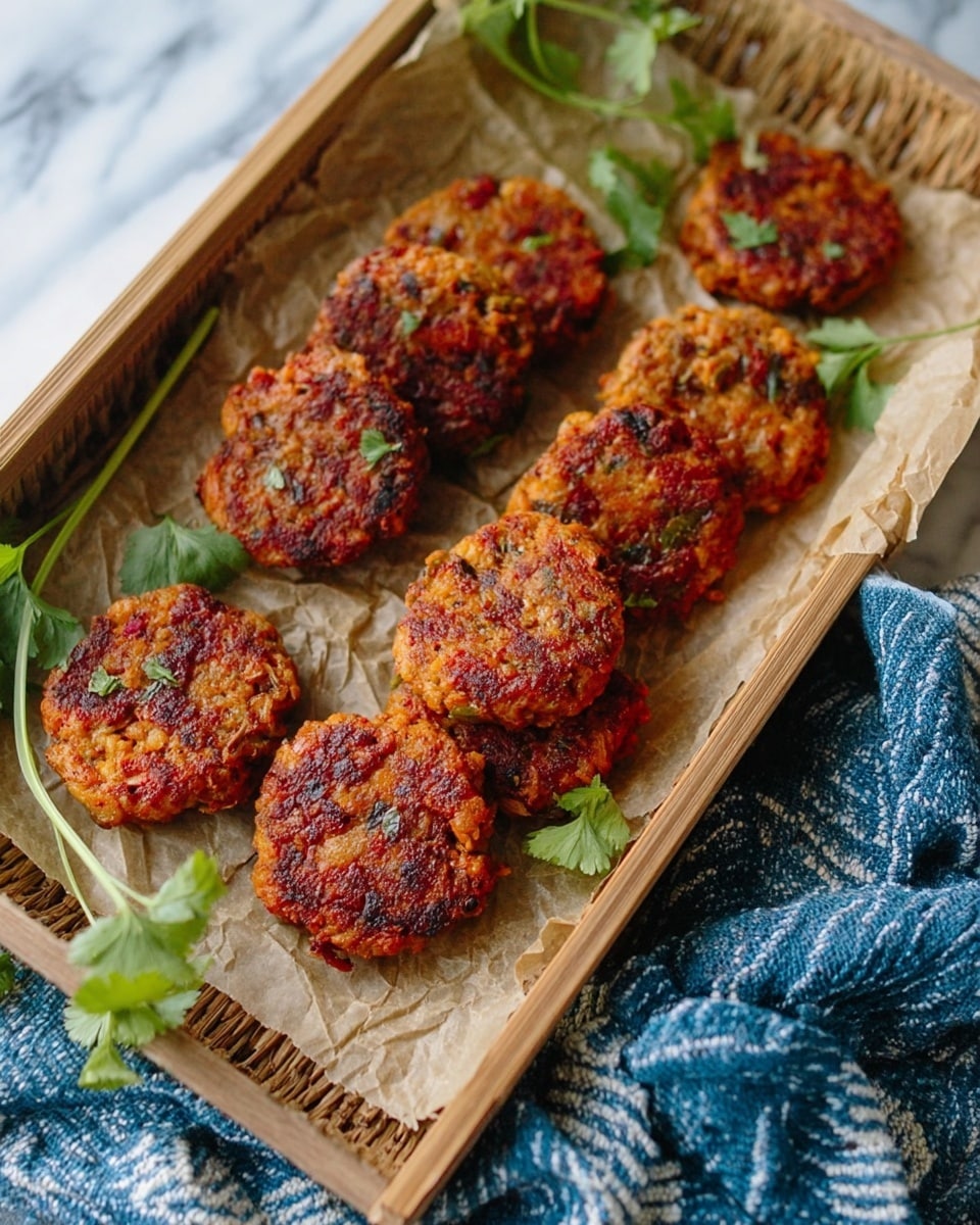 The image shows a close-up of bite-sized fried patties with a crispy, golden-brown outer layer and a juicy inside filled with white rice, green herbs, and orange bits, held by wooden chopsticks in the foreground. More patties, browned and slightly uneven in shape, are spread on a container beneath, with small green herb leaves scattered around, all set on a white marbled surface. photo taken with an iphone --ar 4:5 --v 7