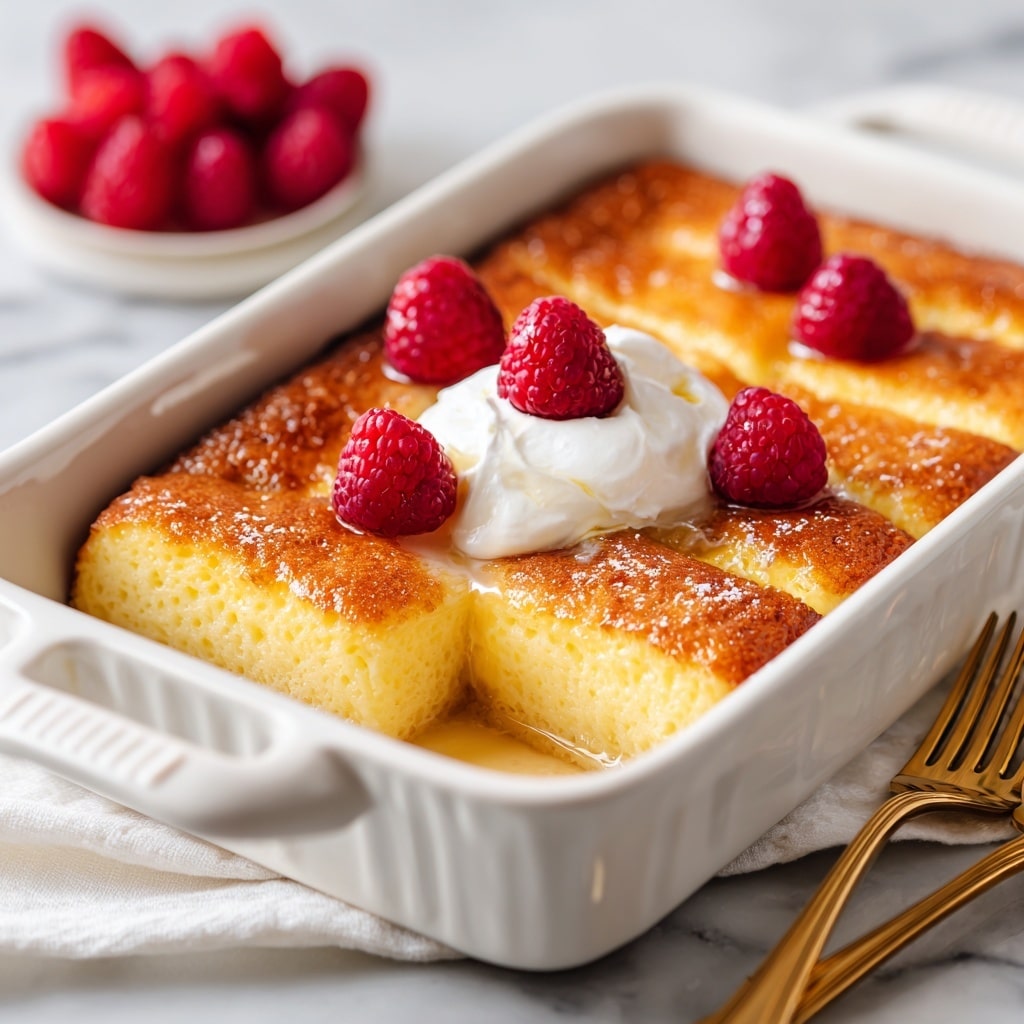 The image shows a white rectangular baking dish filled with a golden-brown baked dessert that has a slightly crispy top layer and a soft, creamy inside. The dessert is cut into thick rectangular pieces arranged neatly inside the dish. On top, there is a small dollop of white cream in the center, surrounded by five bright red raspberries. Light syrup is drizzled over the dessert, adding a shiny texture. The dish is placed on a white marbled surface, with a white cloth and golden cutlery slightly blurred in the background. A bunch of fresh raspberries is also visible in the back. Photo taken with an iphone --ar 4:5 --v 7