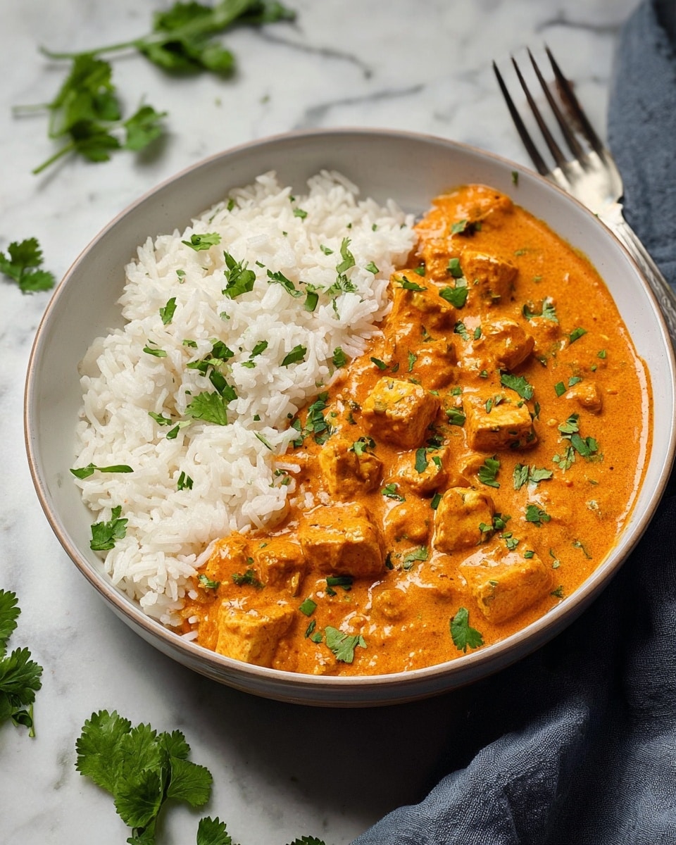 A white bowl holds two main layers: on the left side, a fluffy pile of white rice with a few green cilantro leaves scattered on top, and on the right side, a thick orange creamy curry filled with small cubes of soft paneer cheese, garnished with chopped green cilantro pieces. The bowl sits on a white marbled surface with a metal fork placed nearby, and some loose green cilantro leaves are spread around. Photo taken with an iphone --ar 4:5 --v 7