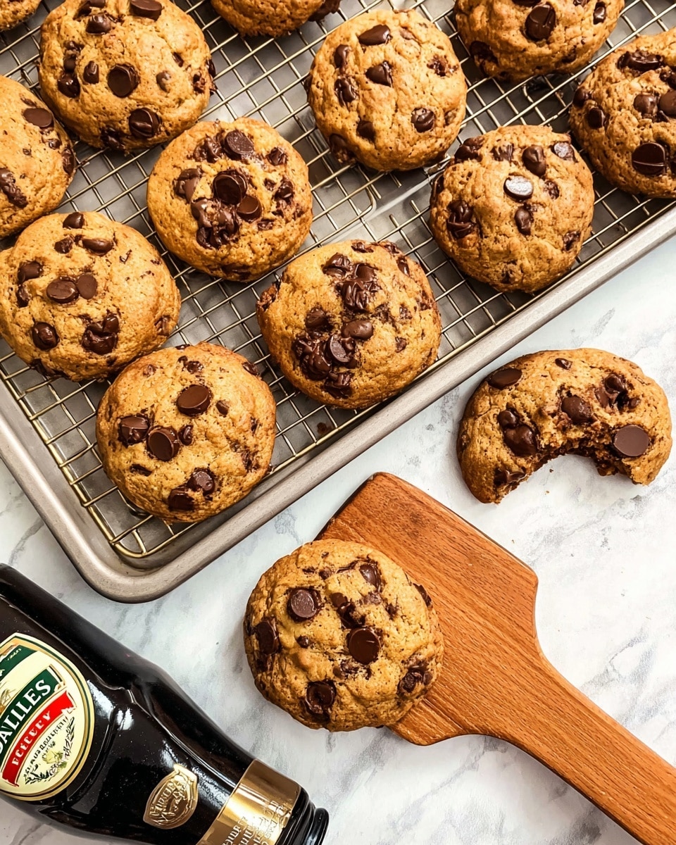 The image shows several round chocolate chip cookies with a golden brown color and a slightly crispy texture. Some cookies are stacked on a white bowl, while others are scattered around it on a white marbled surface. The cookies have many visible dark chocolate chips unevenly spread on their surface. A small bottle of Bailey’s liqueur lies tilted on the bowl, partially resting among the cookies. The lighting highlights the shiny melted chocolate and the soft, fresh look of the cookies. Photo taken with an iphone --ar 4:5 --v 7