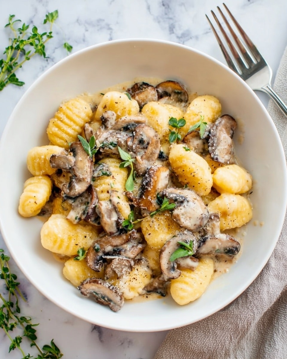 A round white bowl filled with two layers of yellow gnocchi coated lightly with black pepper, showing their soft ridged texture. The bowl is placed on a striped cloth on a brown wooden surface. Around it, there are white and brown mushrooms scattered, some whole and some partially visible, along with a block of pale tofu topped with shredded mushrooms on a wooden chopping board. To the right side, there is a green bottle with a label and a few more mushrooms scattered nearby. A small bunch of fresh green herbs and garlic cloves are seen to the left side, all set against a white marbled texture background. photo taken with an iphone --ar 4:5 --v 7