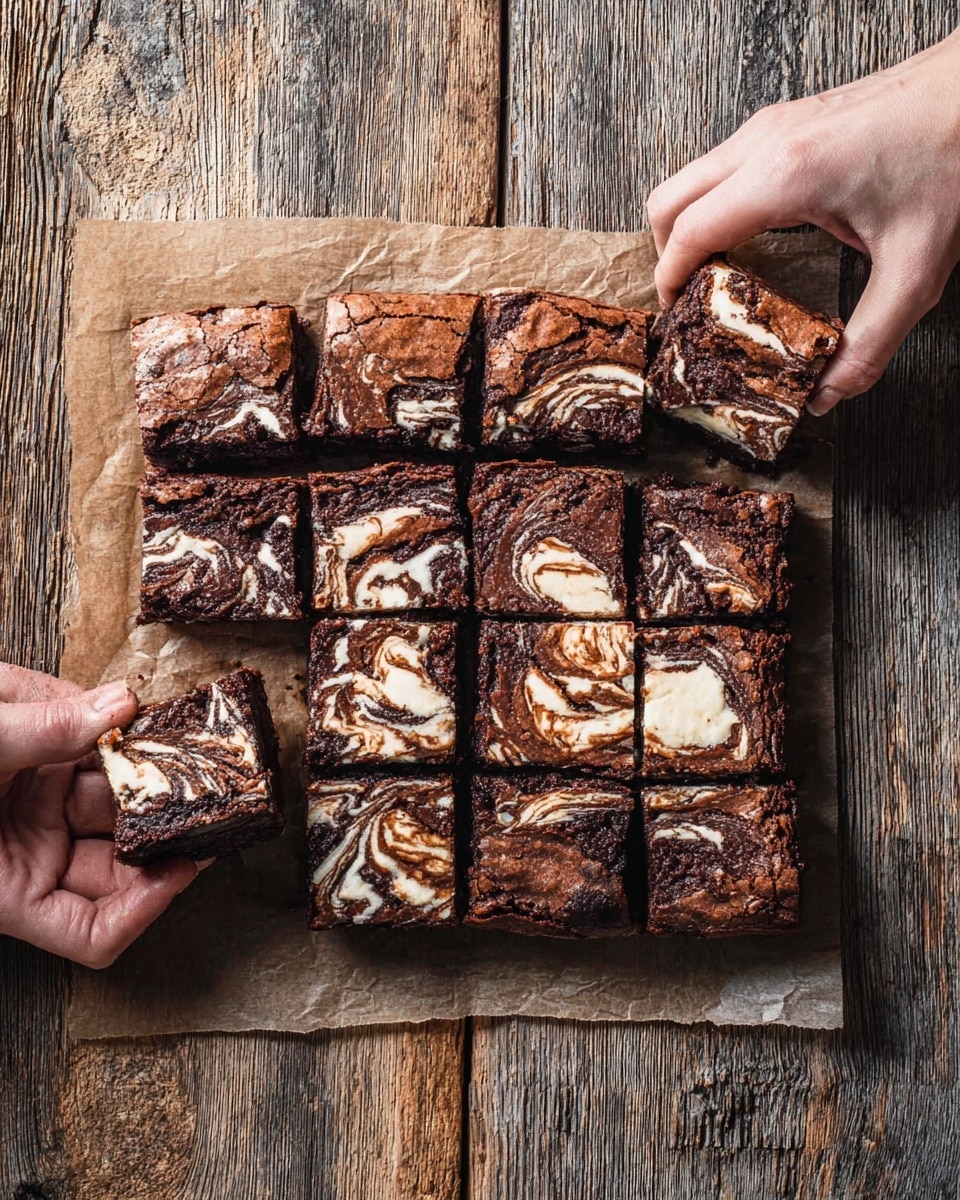A close-up of a rich, dark chocolate brownie square being held by a woman's hand. The brownie has a moist, dense texture and shows swirls of toasted white marshmallow melted into the top, creating a contrast of creamy white and dark brown colors. The background is a white marbled surface with more pieces of the same brownie slightly blurred, emphasizing the texture and colors of the front piece. Photo taken with an iphone --ar 4:5 --v 7