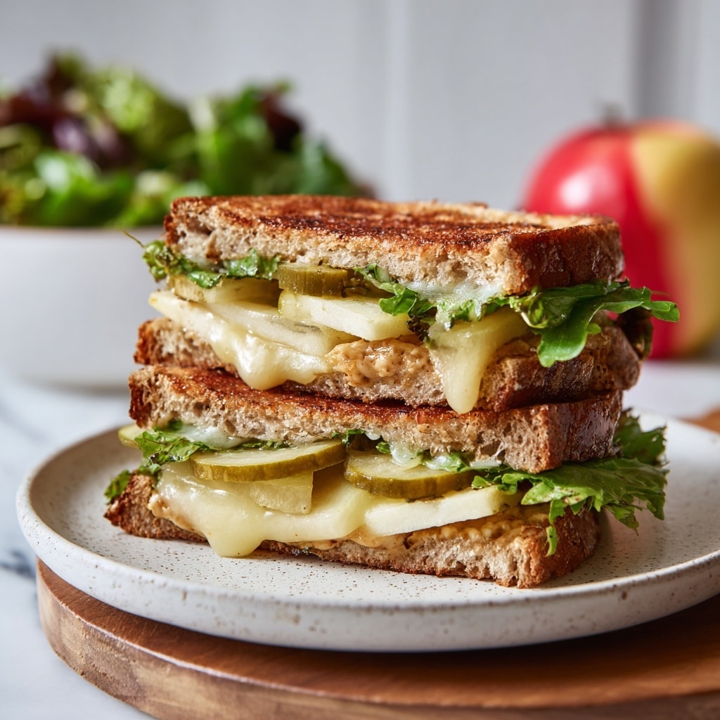 Two open sandwich halves lie on a metal tray over a white marbled surface. The left half has a base layer of toasted light brown bread covered evenly with melted pale yellow cheese, topped with sliced green jalapeños spread across it. The right half has a base layer of the same toasted bread, topped with thinly sliced light beige turkey, fresh green arugula leaves, thin slices of purple onion, and a thick layer of golden, crispy potato chips covering the top. Photo taken with an iphone --ar 4:5 --v 7