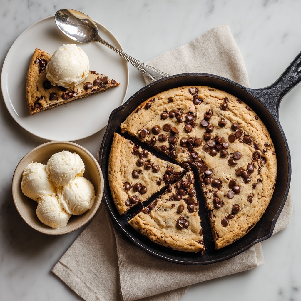 A golden-brown cookie is baked in a black cast iron pan with a slightly rough texture and topped with dark brown chocolate chips scattered over the surface. The cookie is cut into triangular slices, with one slice removed and placed on a white plate to the left, showing a soft, chewy inside with chocolate chips spread throughout. Below and to the right, three scoops of creamy off-white vanilla ice cream sit in a light brown bowl on a folded beige cloth napkin. A shiny silver spoon rests on the napkin next to the bowl. The entire scene is set against a white marbled surface that highlights the dessert's warm colors. photo taken with an iphone --ar 4:5 --v 7