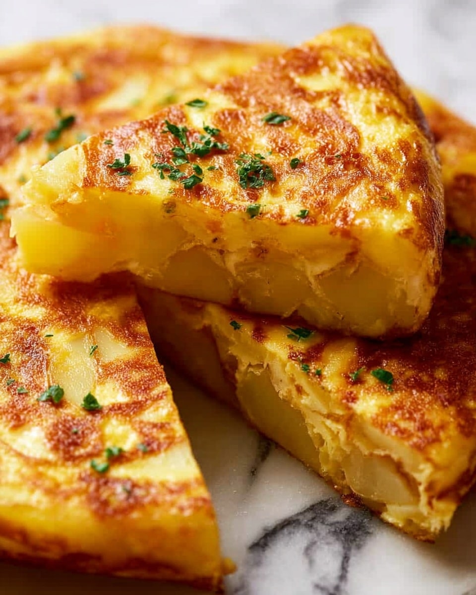 The image shows a close-up of a golden-brown Spanish omelette cut into slices, stacked with one slice resting on top of the others. The omelette has a slightly crispy, caramelized surface with visible chunks of soft, pale yellow potatoes inside the thick egg layer. Small green herbs are sprinkled on top, adding a fresh touch. The background is a white marbled texture. photo taken with an iphone --ar 4:5 --v 7