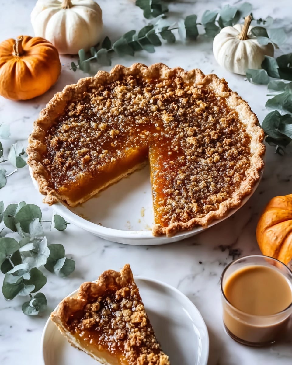 The image shows a pie with a golden-brown crust that has a scalloped edge. The top layer of the pie is a glossy, caramelized mixture with a crunchy texture, with small bits of nuts or crumble spread evenly across the surface. One slice is cut out, revealing a smooth, amber-colored filling underneath the crunchy topping. The pie is placed on a white plate sitting on a white marbled surface. Around the pie, there are small pumpkins in orange and white colors, green eucalyptus leaves, and a clear glass filled with a light brown drink. A slice of the pie is served on a small white plate in the bottom part of the image. Photo taken with an iphone --ar 4:5 --v 7