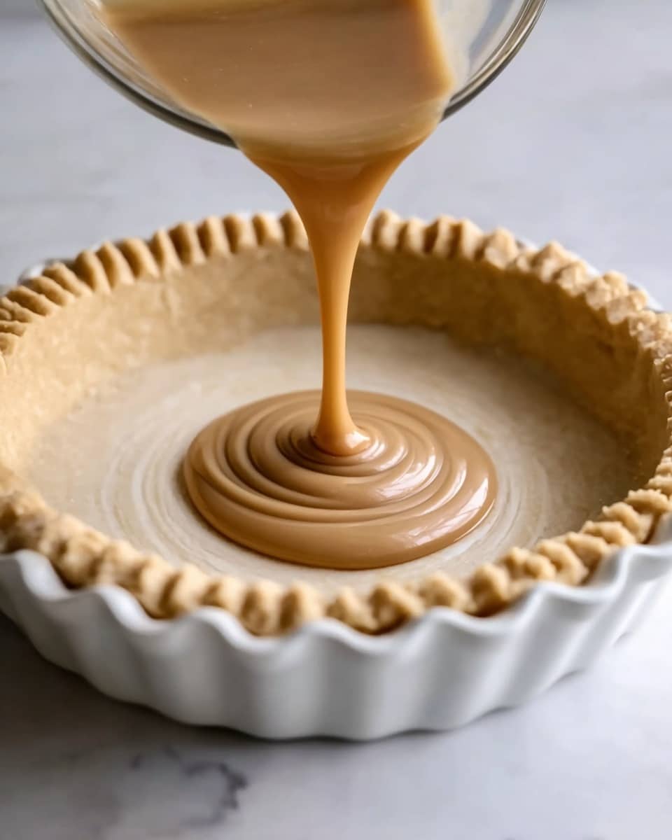 A close-up image shows a thick light brown liquid being poured in a smooth spiral from a glass bowl into an unbaked pie crust inside a white pie dish with a fluted edge; the pie crust is pale beige in color with a textured, crimped rim, and the background is a white marbled surface. Photo taken with an iphone --ar 4:5 --v 7