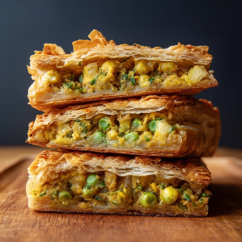 A white square baking dish filled with a baked pie cut into six square pieces, topped with a golden brown, flaky pastry crust. One piece is being cut and slightly lifted by a knife held by a woman's hand, revealing a filling of green peas and diced potatoes underneath. The dish is placed on a white marbled surface with vintage silver forks and a small bowl of salt near the top right, along with some fresh green cilantro leaves. Two small bowls with ground spices are placed below the dish on a cream-colored cloth. Photo taken with an iphone --ar 4:5 --v 7