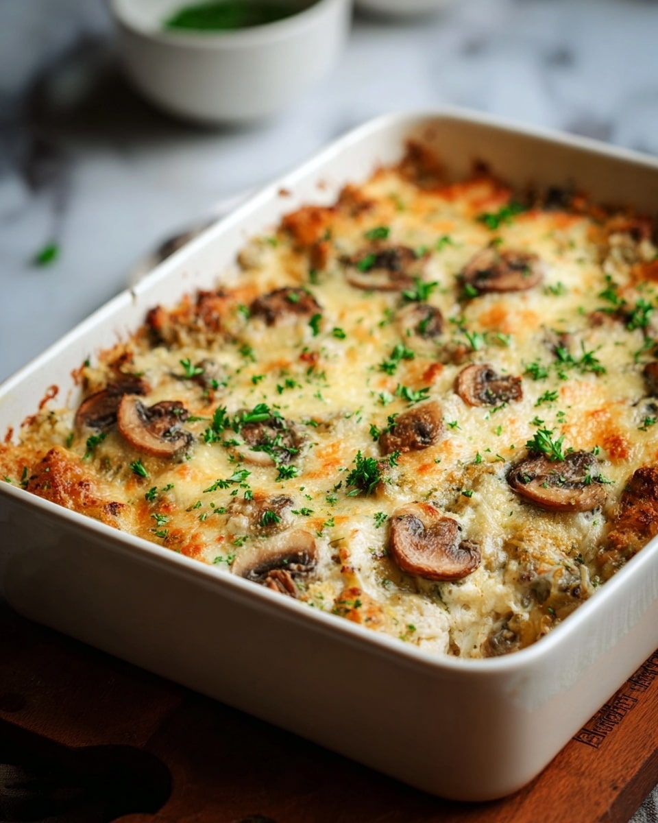 A white rectangular baking dish filled with a baked casserole that has a golden-brown cheese crust on top. The top layer is melted cheese sprinkled with fresh green herbs and scattered light brown mushroom slices. The casserole underneath shows a mix of creamy and slightly browned textures, with bits of vegetables or grains visible beneath the cheese. The dish is set on a wooden board with a blurred white marbled texture background, and there is a white bowl with green garnish faintly visible in the back. photo taken with an iphone --ar 4:5 --v 7