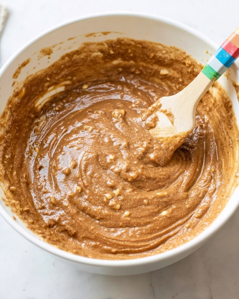 The image shows a white bowl filled with thick, chunky brown batter that has small bits throughout, giving it a slightly rough texture. A wooden spatula with a colorful handle is partially dipped into the batter, resting on the side of the bowl. The batter spreads smoothly with visible swirls from stirring, and the bowl is placed on a white marbled surface. photo taken with an iphone --ar 4:5 --v 7