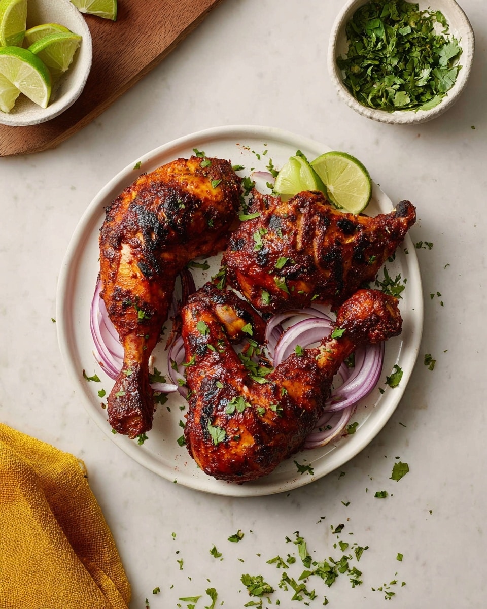 Two large grilled chicken legs with a shiny, dark orange glaze and charred spots sit side by side on a white plate. The chicken skin looks crispy with small green herb bits sprinkled on top. To the left, a neat mound of orange rice garnished with green herbs contrasts the chicken, and a small fresh lemon wedge rests below the rice. A few fresh green herbs are seen near the rice, adding a touch of color. The background is a white marbled texture. photo taken with an iphone --ar 4:5 --v 7