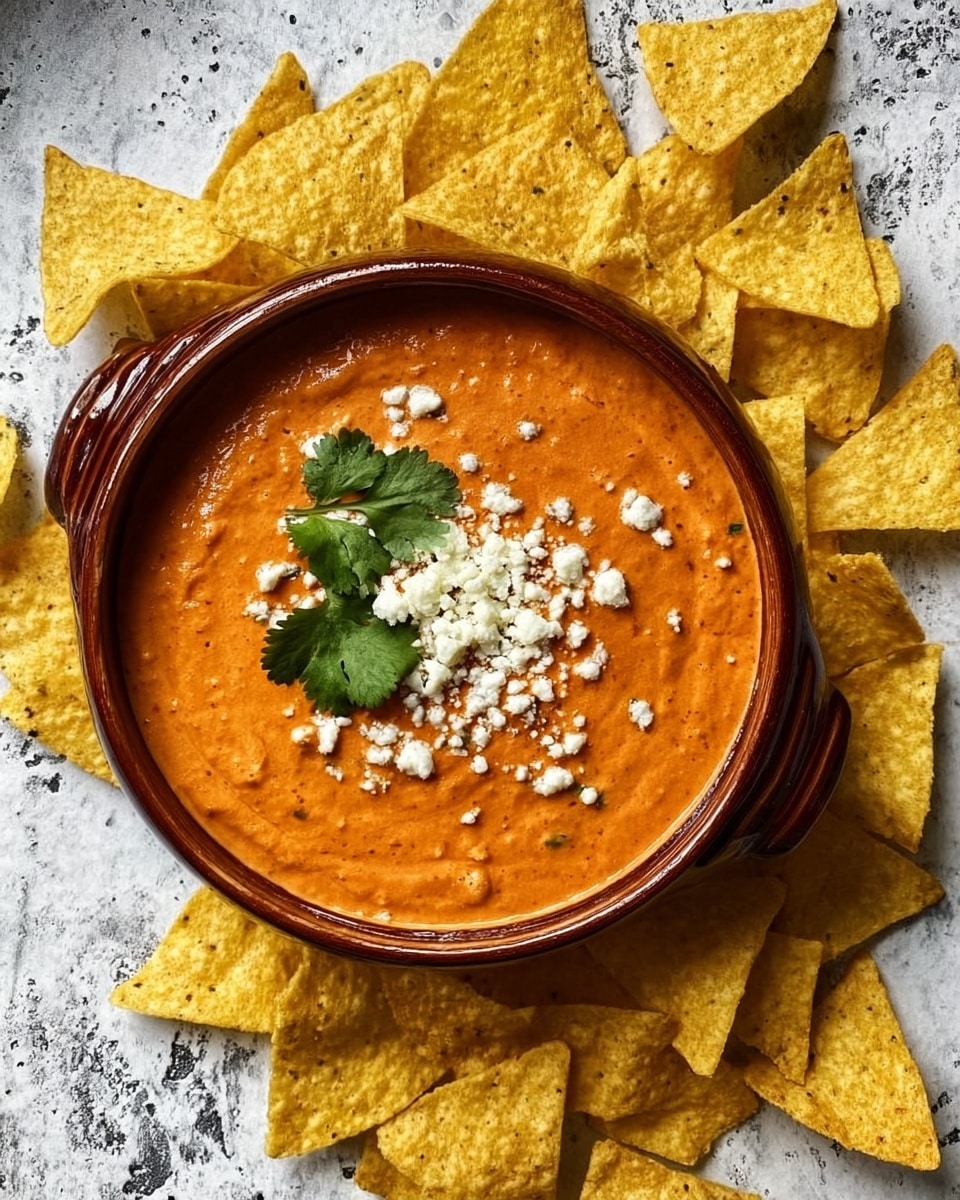 A round brown bowl filled with thick orange dip, topped with white crumbled cheese and a small bunch of green cilantro leaves on one side near the handle. The bowl sits on a white marbled texture surface surrounded by many yellow triangular tortilla chips scattered around it. Photo taken with an iphone --ar 4:5 --v 7