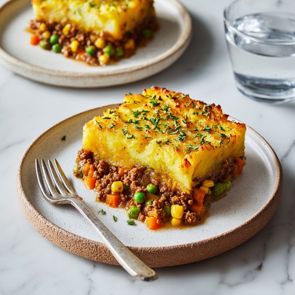 A slice of shepherd's pie shown on a white plate with a rough rim, placed on a white marbled surface; the dish has two main layers – the bottom layer consists of minced meat mixed with bright green peas, orange carrot pieces, yellow corn, and translucent celery bits, while the top layer is a golden, slightly crispy mashed potato crust with small browned spots; a fork rests on the plate beside the slice, and in the background, there is another plate with a similar portion and a clear glass of water. photo taken with an iphone --ar 4:5 --v 7