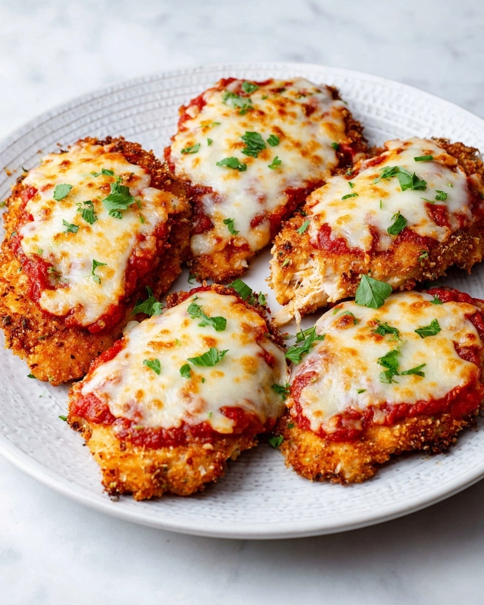 Two pieces of crispy golden brown breaded chicken sit inside a black air fryer basket. Each chicken piece is topped with a layer of red tomato sauce and a thick, melted layer of white mozzarella cheese that is slightly browned in spots. Finely chopped green herbs are sprinkled on top of the cheese for a fresh touch. The texture of the crispy chicken contrasts with the smooth melted cheese, all displayed against the black ridged surface of the basket, which rests on a white marbled texture surface. photo taken with an iphone --ar 4:5 --v 7