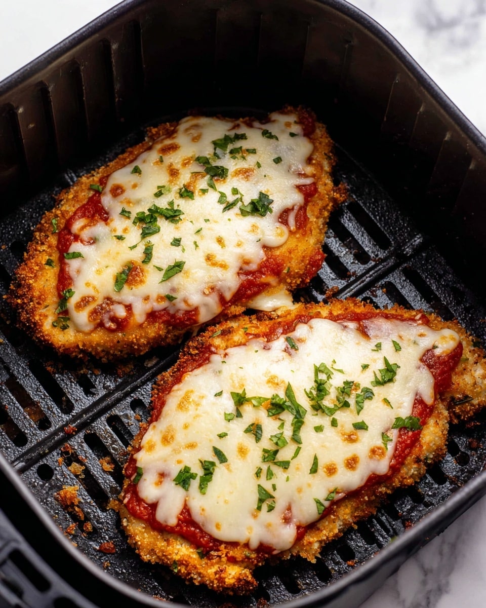 The image shows four pieces of chicken parmesan arranged on a white plate with a subtle textured pattern. Each piece has a crispy golden-brown crumbed chicken base, topped with a layer of bright red marinara sauce spread unevenly. On top of the sauce is a thick, melted cheese layer that is golden and bubbly with some brown spots from broiling. Small green parsley leaves are sprinkled over the cheese, adding a fresh pop of color. The plate is set on a white marbled surface. photo taken with an iphone --ar 4:5 --v 7