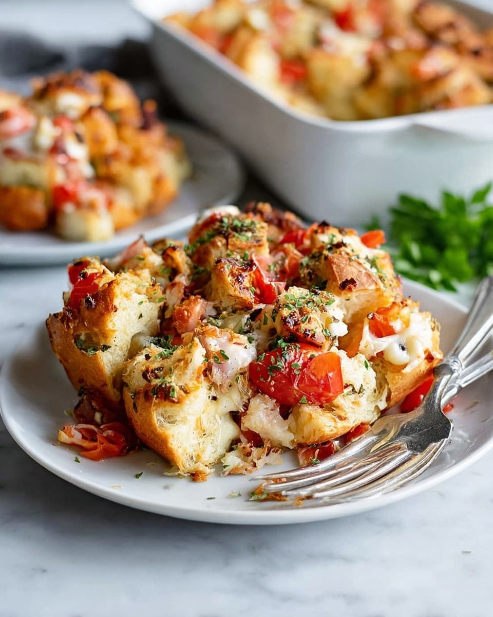 A clear glass cooking dish filled with a colorful baked meal, showing three main layers: at the bottom are chunks of grilled chicken with a light golden-brown color and some black pepper spots, above it are bright red tomato pieces cut into small chunks, and the top layer is melted pale yellow cheese spread unevenly, mingling with the tomatoes, all sprinkled with small, fresh green herb leaves. The dish sits on a white marbled surface, with a wooden bowl of chopped green herbs and a stack of plain white plates with a silver fork in the background. Photo taken with an iphone --ar 4:5 --v 7