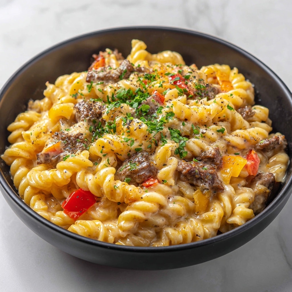 A close-up image of a black bowl filled with creamy macaroni pasta mixed with pieces of cooked beef and small slices of red and yellow bell peppers. The pasta is covered in a thick, melted cheese sauce with a smooth texture, and some black pepper and chopped green herbs are sprinkled on top. The food looks rich and well mixed, with the pasta spirals clearly visible. The bowl is set on a white marbled surface. photo taken with an iphone --ar 4:5 --v 7