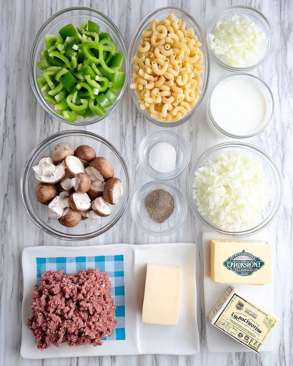 The image shows nine ingredients neatly arranged on a white marbled surface. At the top, two clear glass bowls hold chopped green bell peppers on the left and chopped white onions on the right. Below them are two more clear bowls, one with uncooked elbow macaroni pasta on the left and another filled with white milk on the right. Below that, two small clear bowls contain salt and ground black pepper, side by side. A slightly larger clear bowl next to them holds chopped brown mushrooms. To the lower right, there are three packaged ingredients: a wedge of sharp provolone cheese, a block of cream cheese, and a stick of unsalted butter. On the lower left, there is a white rectangular plate with a blue grid pattern, holding raw ground beef. The items are all clearly visible and the background is a white marbled texture. photo taken with an iphone --ar 4:5 --v 7