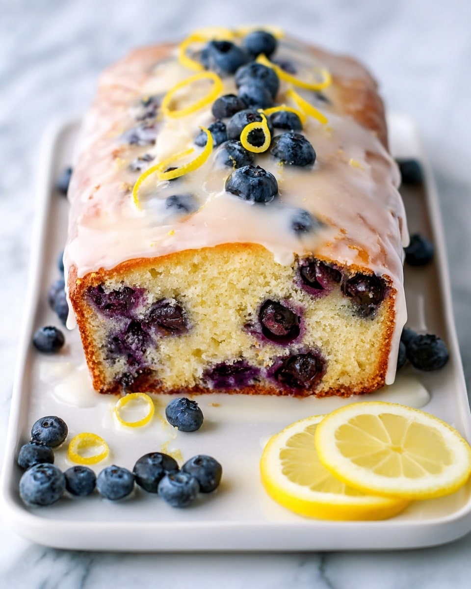 The image shows a loaf of blueberry lemon cake with two slices cut and laid out on a white rectangular plate. The cake has a light yellow base with dark purple blueberry spots inside, visible in all layers. A shiny white glaze is spread thickly on top and drips down the sides, adding a glossy texture. On top of the loaf, there are fresh blueberries and thin yellow lemon peel twists arranged decoratively. In the front corner of the plate, there are more blueberries and a wedge of lemon for garnish, all placed on a white marbled surface. photo taken with an iphone --ar 4:5 --v 7