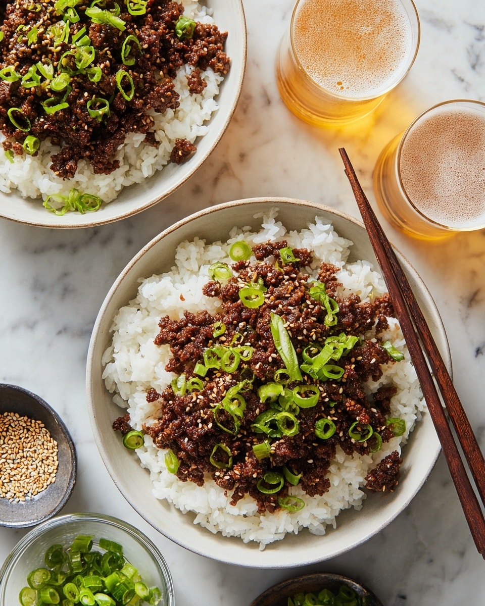 Two bowls of cooked white rice topped with dark brown, cooked ground beef scattered with bright green chopped scallions and sprinkled with toasted sesame seeds. Each bowl sits inside a slightly larger white bowl, both placed on a white marbled surface. Around the bowls are small clear glass bowls filled with chopped scallions and sesame seeds, plus two glasses of light amber beer with foam on top. Two brown wooden chopsticks rest across one of the larger bowls. Photo taken with an iphone --ar 4:5 --v 7