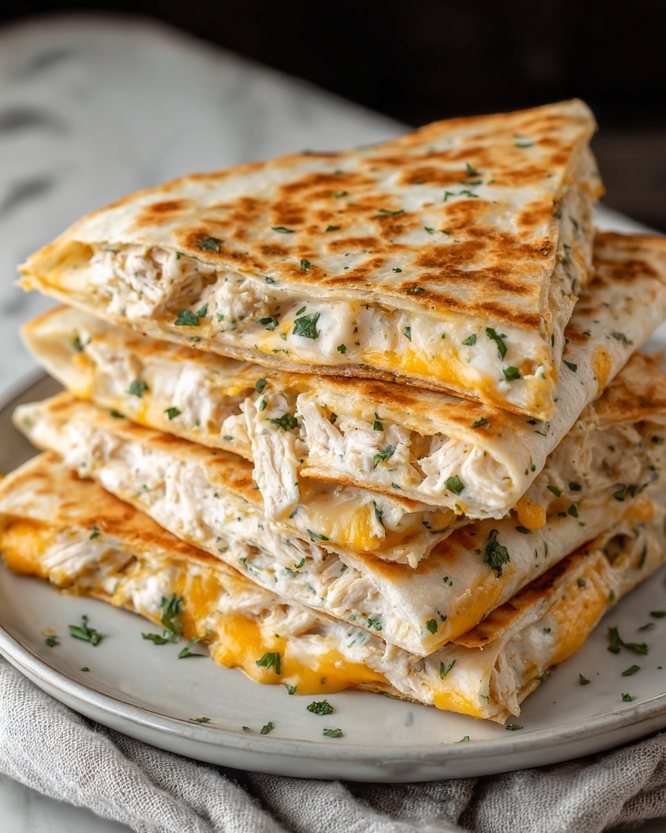 A stack of three triangle-shaped quesadilla slices is placed on a white plate, each slice showing golden-brown toasted tortillas on the outside. Inside, the filling is creamy white with visible small green herb bits and shredded chicken mixed with melted yellow cheddar cheese, oozing slightly from the edges. The quesadilla layers are evenly thick, and the texture appears soft and gooey with a light crunch on the outside. The plate rests on a light grey cloth, all set against a white marbled background. photo taken with an iphone --ar 4:5 --v 7