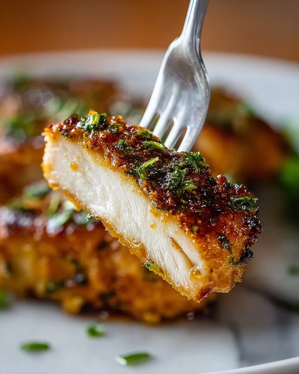 The image shows three cooked chicken breasts placed close together on a white oval plate. Each chicken breast has a golden brown color with a shiny glaze of sauce on top. The sauce has small bits of herbs and spices, giving the surface a slightly textured look. Green parsley pieces are sprinkled over the chicken, adding contrast to the warm tones of the meat. The plate sits on a white marbled surface, enhancing the brightness of the dish. photo taken with an iphone --ar 4:5 --v 7