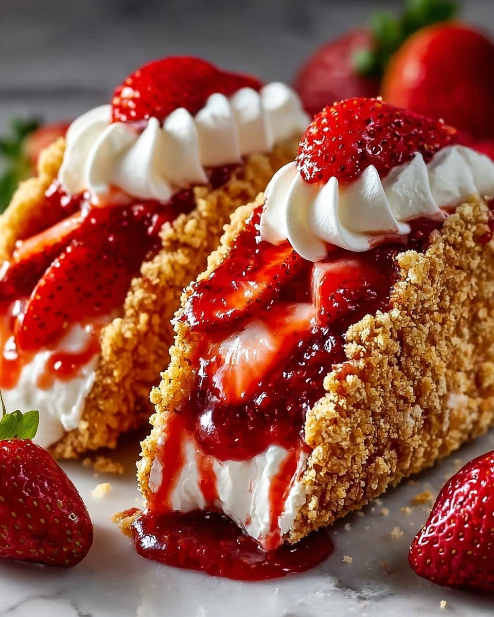 Three dessert tacos sit on a white plate on a white marbled surface. Each taco shell is golden crumbed and crunchy. Inside, there is a thick layer of smooth white cream filling the shells. On top of the cream, bright red chopped strawberries are piled, with a glossy red syrup dripping slightly out of the shell. The strawberries are sprinkled with fine golden crumb bits, adding a crunchy texture. Each taco is garnished with a small green mint leaf, adding a fresh color contrast to the red and white layers. There are some crumbs scattered around the plate, making it look natural and inviting. Photo taken with an iphone --ar 4:5 --v 7