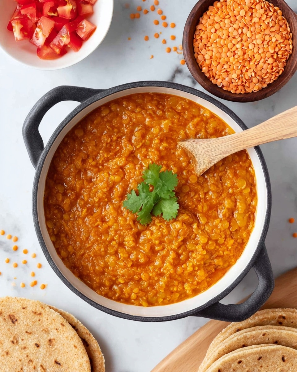 A white pot with a black handle holds a thick, orange lentil stew textured with small, soft lentils and visible bits of cooked onion, topped with a fresh green cilantro leaf in the center. A wooden spoon rests inside the stew. To the top left, a small white bowl contains diced red tomatoes, while next to it, a small dark wooden bowl is filled with dry orange lentils, some lentils spilled nearby on the white marbled surface. To the right, there is a stack of light brown, round, porous flatbreads with a textured surface. A single flatbread lies flat at the bottom left corner on the white marbled surface. photo taken with an iphone --ar 4:5 --v 7
