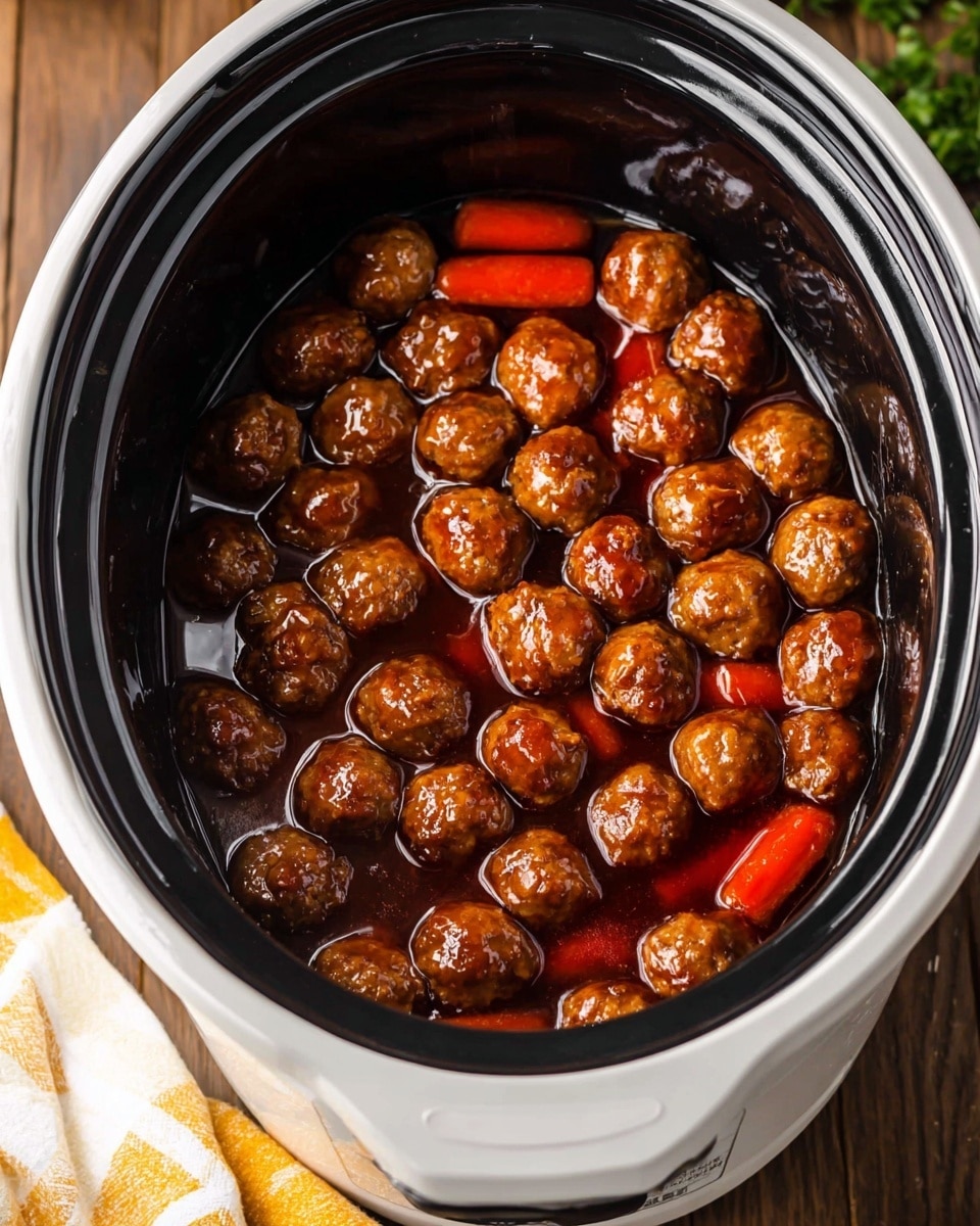 A white oval dish filled to the top with glossy brown meatballs and bright red mini sausages, all coated in a shiny, thick sauce. The meatballs are round and smooth, stacked closely on each other, with the mini sausages scattered evenly among them, adding a different shape and vibrant red color. The dish sits on a wooden surface, with some green parsley around it and a white marbled background behind, along with a yellow and white cloth on the left side, creating a cozy kitchen feel. Photo taken with an iphone --ar 4:5 --v 7