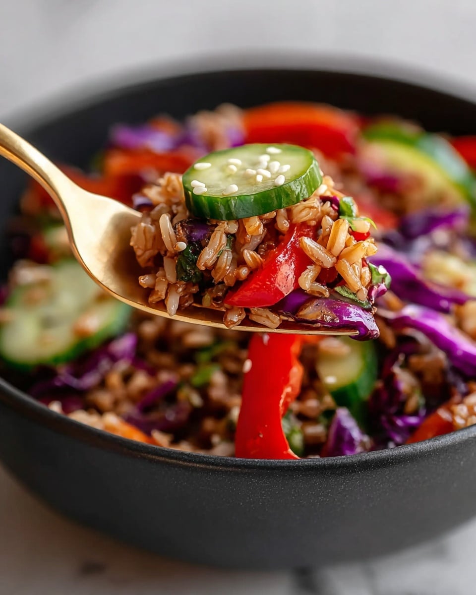 A close-up view of a black bowl filled with a colorful mix of rice and vegetables. The dish shows cooked brown rice as the main layer, mixed with bright red bell pepper strips, dark purple cabbage, and fresh green cucumber slices. Small sesame seeds are sprinkled on top, adding texture. A gold fork lifts a bite-sized portion of this vibrant, fresh-looking mix from the bowl. The background is a white marbled texture. photo taken with an iphone --ar 4:5 --v 7
