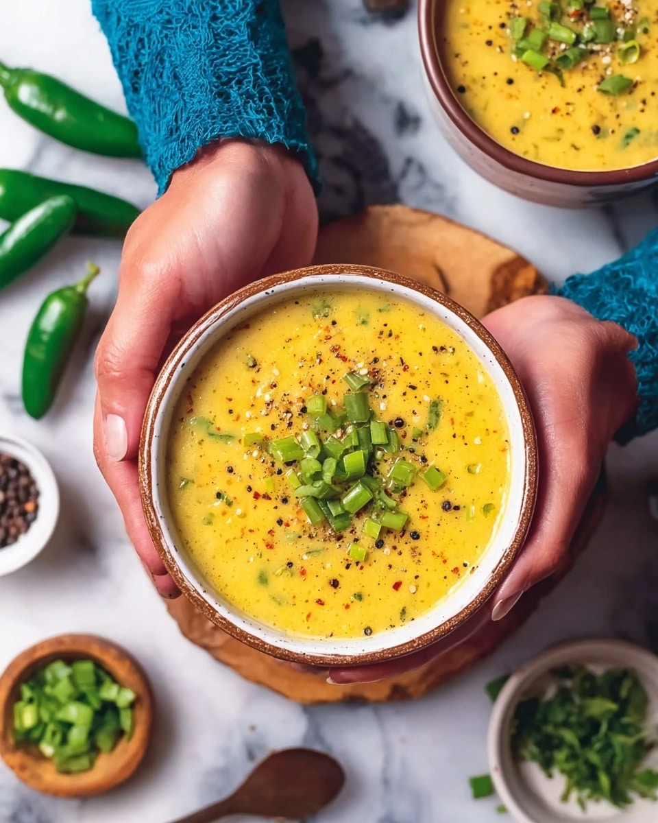 Two bowls with a brown rim contain a thick yellow soup with visible bits of corn. The soup is topped with chopped green onions and cracked black pepper. One bowl sits on a piece of textured burlap on a wooden board, while the other bowl rests on a dark blue cloth next to two metal spoons and a green chili. Around the bowls are scattered green chilies, corn kernels, garlic cloves, and a small wooden container with black peppercorns. The background is a white marbled texture. photo taken with an iphone --ar 4:5 --v 7