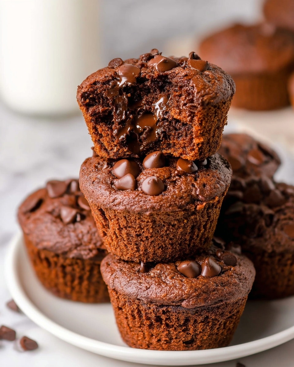 The image shows four chocolate muffins with rich brown tops scattered with shiny dark chocolate chips. The muffins have a rough, slightly cracked surface texture. Three muffins are arranged in a white plate blurred in the background, while one muffin is placed on a wooden table in the foreground. The muffin on the table has a white, ridged paper baking cup with brown oil stains. A bitten piece of muffin, revealing a moist, dense dark chocolate interior, is balanced atop the muffins on the plate. The background has a soft focus with warm, neutral tones and a white marbled texture surface beneath. Photo taken with an iphone --ar 4:5 --v 7