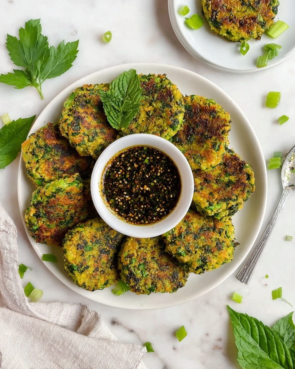 A white round plate holds nine green and golden-brown patties arranged in a circle around a small white bowl of dark green sauce with visible seeds and herbs, placed exactly in the center. The patties have a rough, slightly crispy texture with green leafy bits mixed inside. Small pieces of chopped green onion and a fresh green mint leaf decorate the white marbled surface under the plate. In the background, a smaller white plate with one patty sits on the same white marbled texture, along with fresh parsley leaves and scattered green onion pieces. A silver spoon and a light cloth napkin rest near the bottom edge. Photo taken with an iphone --ar 4:5 --v 7