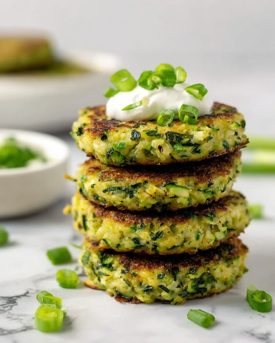 A stack of four green zucchini patties with a golden brown crust on each one, showing bits of shredded zucchini and herbs mixed inside. The patties look soft and moist, with the top one crowned by a dollop of white cream and scattered chopped green onion rings. The stack is set on a white marbled surface, with a few green onion pieces scattered around. In the blurred background, there is a white bowl with green-zucchini patties and another white bowl with a dark green dip. Photo taken with an iphone --ar 4:5 --v 7