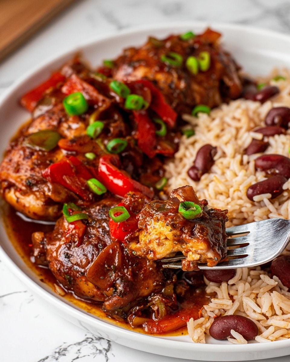 A round white pot filled with dark brown stewed chicken pieces in a thick glossy sauce, garnished with finely chopped green onions and small red pepper bits, the chicken pieces are spread evenly across the pot’s surface. To the left, a white bowl holds a layer of cooked white rice mixed with dark red kidney beans. Above the pot to the right, a wooden board holds fresh green onions, whole garlic bulbs, bright orange chili peppers, and a red bell pepper, all on a white marbled tabletop. A wooden spoon lies to the right below the pot and a blue and white striped cloth napkin is tucked under the pot on the left. photo taken with an iphone --ar 4:5 --v 7