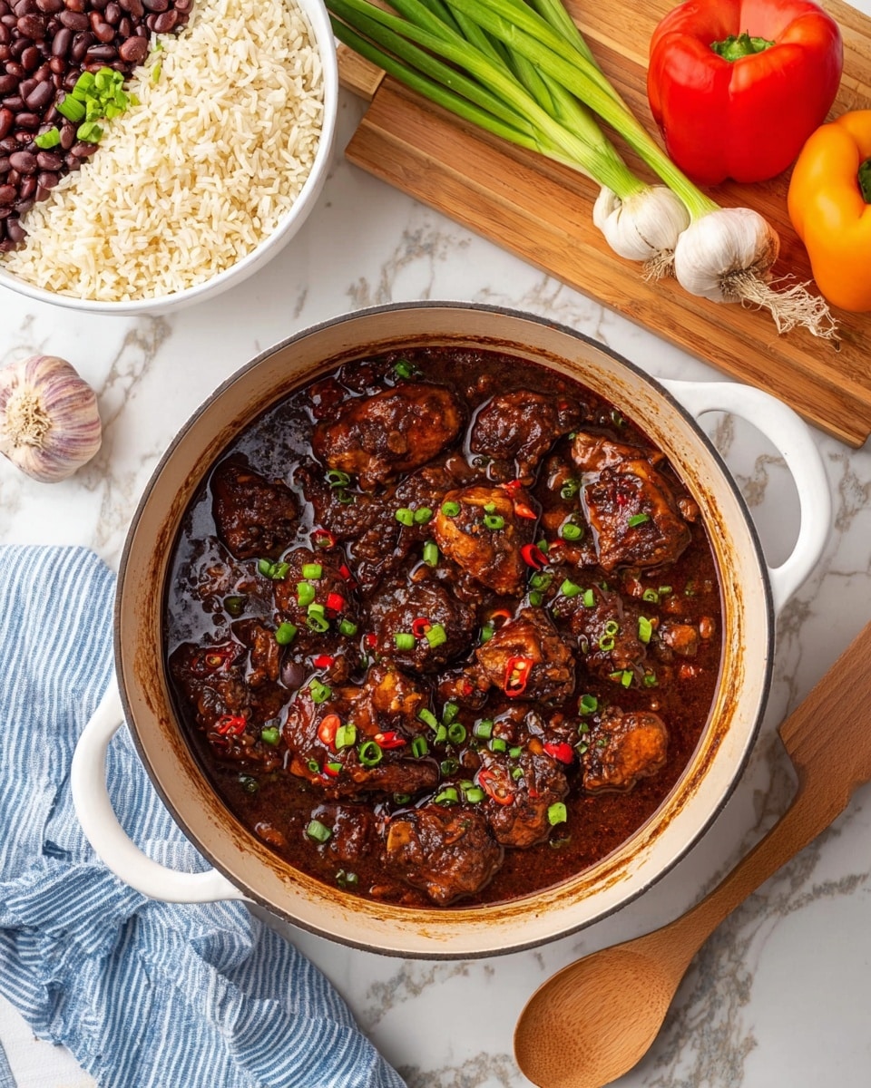 A white plate holds a dish with two main parts: on the left, several pieces of dark brown, glazed chicken thighs cooked in a rich, dark reddish-brown sauce with visible chunks of red bell pepper and onions, topped with small green onion slices; a metal fork lifts one piece of chicken showing its brown cooked interior with green onion pieces on top; on the right side, there is a portion of light beige rice mixed with dark red kidney beans, creating a soft texture contrast; the plate sits on a white marbled surface. Photo taken with an iphone --ar 4:5 --v 7