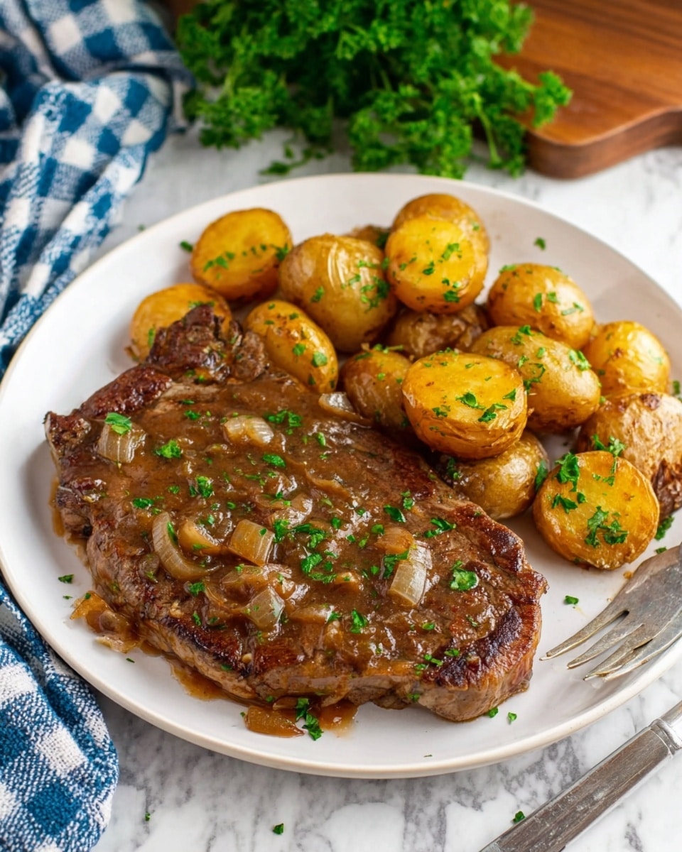 A white plate holds a cooked steak covered in a brown sauce with small pieces of onion and sprinkled with green parsley. Next to the steak, there is a pile of golden-brown roasted baby potatoes, cut in half, also garnished with chopped parsley. The plate rests on a white marbled background with a sprig of green parsley in the distance. A piece of blue and white checkered cloth is visible in the upper left corner, and a silver fork lies on the lower right. Photo taken with an iphone --ar 4:5 --v 7