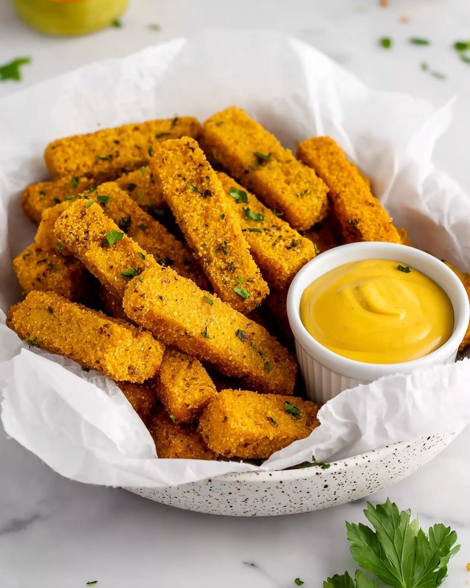 A white speckled bowl lined with white parchment paper is filled with golden-brown, rectangular vegan chickpea fries. The fries have a crispy texture with small green herbs sprinkled all over them. On the right side inside the bowl, there is a small white ramekin filled with smooth, bright yellow vegan honey mustard sauce. The bowl is placed on a white marbled surface, and a green parsley leaf is around the bottom right corner outside the bowl. Photo taken with an iphone --ar 4:5 --v 7