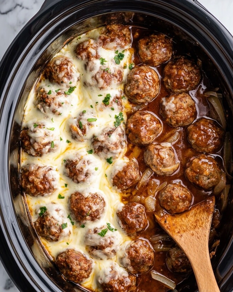 A white plate filled with a base layer of creamy, smooth mashed potatoes that are bright white in color and soft in texture. On top are about a dozen round meatballs, brown with a slightly shiny surface, covered in a thick brown gravy with visible cooked onion slices mixed in. The meatballs and gravy layer is sprinkled with small pieces of fresh green parsley. The plate is set on a white marbled surface with a piece of toasted bread nearby and a blue and white checkered cloth partially in view. In the background, more meatballs in brown gravy fill a white bowl, and fresh green parsley sits on a wooden board. Photo taken with an iphone --ar 4:5 --v 7