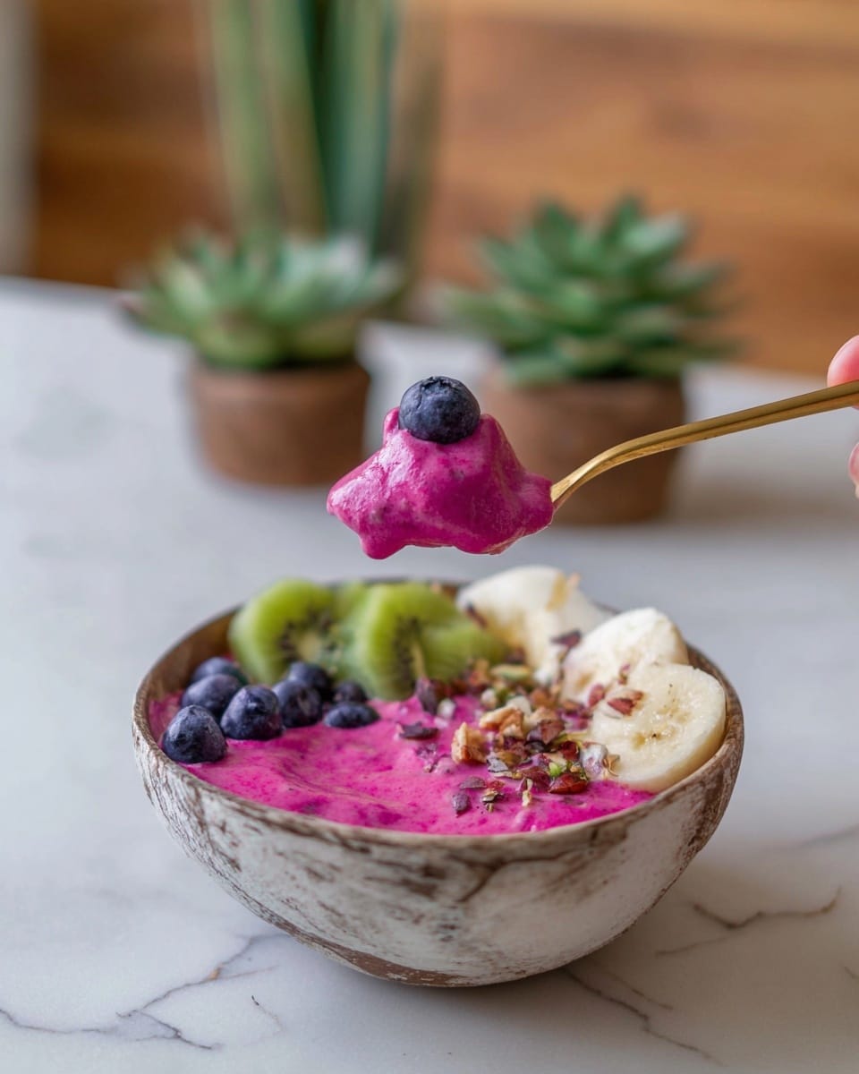 A bowl filled with bright pink smoothie, smooth and thick, as the base layer. On top, there are fresh blueberries scattered on one side, two green kiwi slices placed next to them, and a line of chia seeds running diagonally. Small chunks of banana, pecan pieces, and dark chocolate chips create a varied texture along the other side of the bowl. A gold spoon rests inside the bowl, angled over the toppings. The bowl is white and sits on a white marbled surface with a wedge of lime placed near it. Photo taken with an iphone --ar 4:5 --v 7