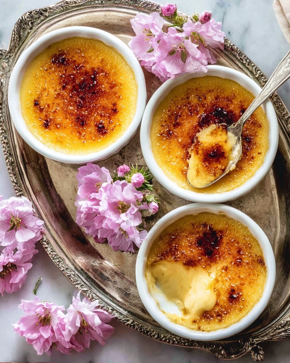 The image shows two white scalloped dishes filled with a creamy dessert topped with a crisp, caramelized golden-brown sugar layer. One dish has a spoon scooping into the dessert, revealing a smooth, pale yellow creamy inside under the crunchy top. The dishes sit on a white marbled surface, adding a clean and bright background to the rich colors of the dessert. The caramel layer is evenly browned with a shiny texture, contrasting with the soft, creamy custard beneath. Photo taken with an iphone --ar 4:5 --v 7