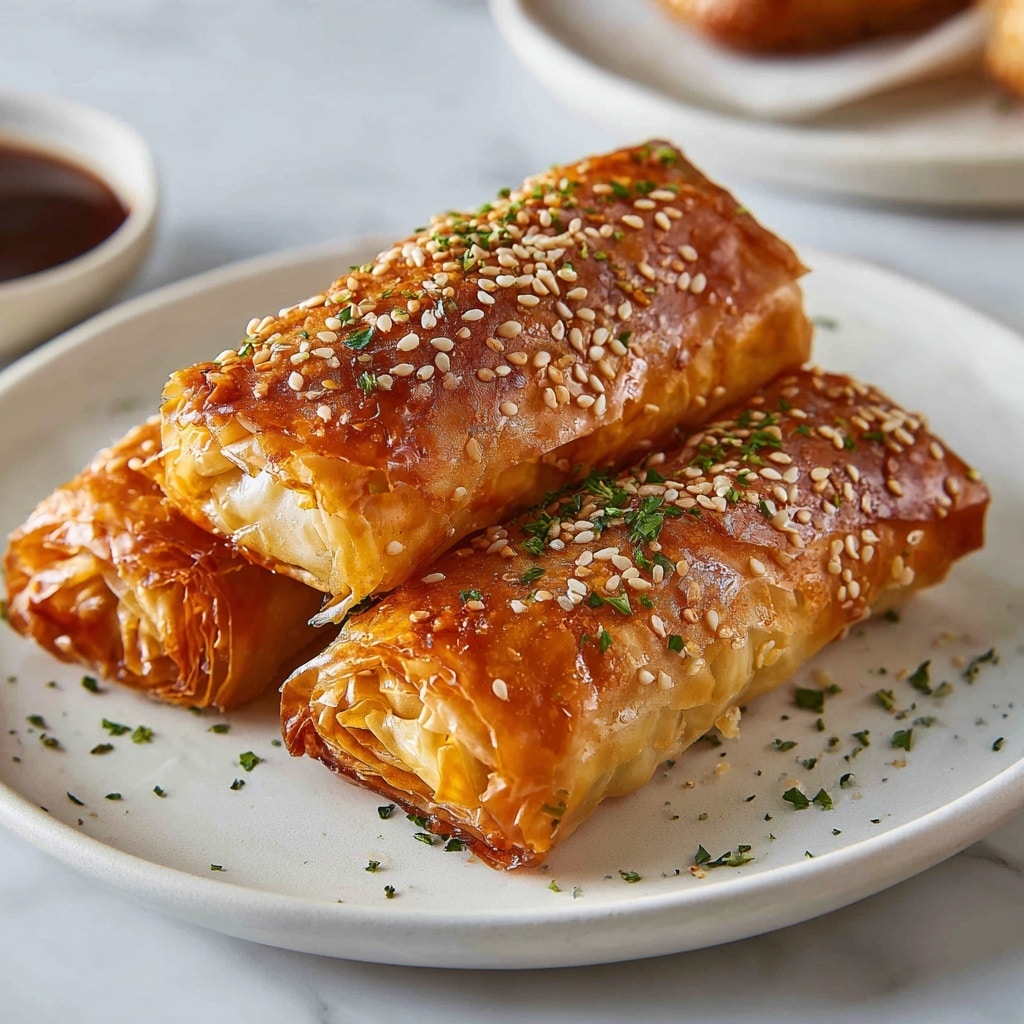 The image shows four golden brown, crispy rolls with a shiny, delicate, and flaky outer layer, lightly sprinkled with white sesame seeds and red pepper flakes. Each roll is tightly wrapped around a creamy white cheese filling that is visible at the open ends. Small green herb leaves are placed on top for garnish. The rolls are all stacked closely together on a white plate, resting on a white marbled surface. The lighting highlights the glossy texture and crispiness of the rolls, making them look appetizing. Photo taken with an iphone --ar 4:5 --v 7