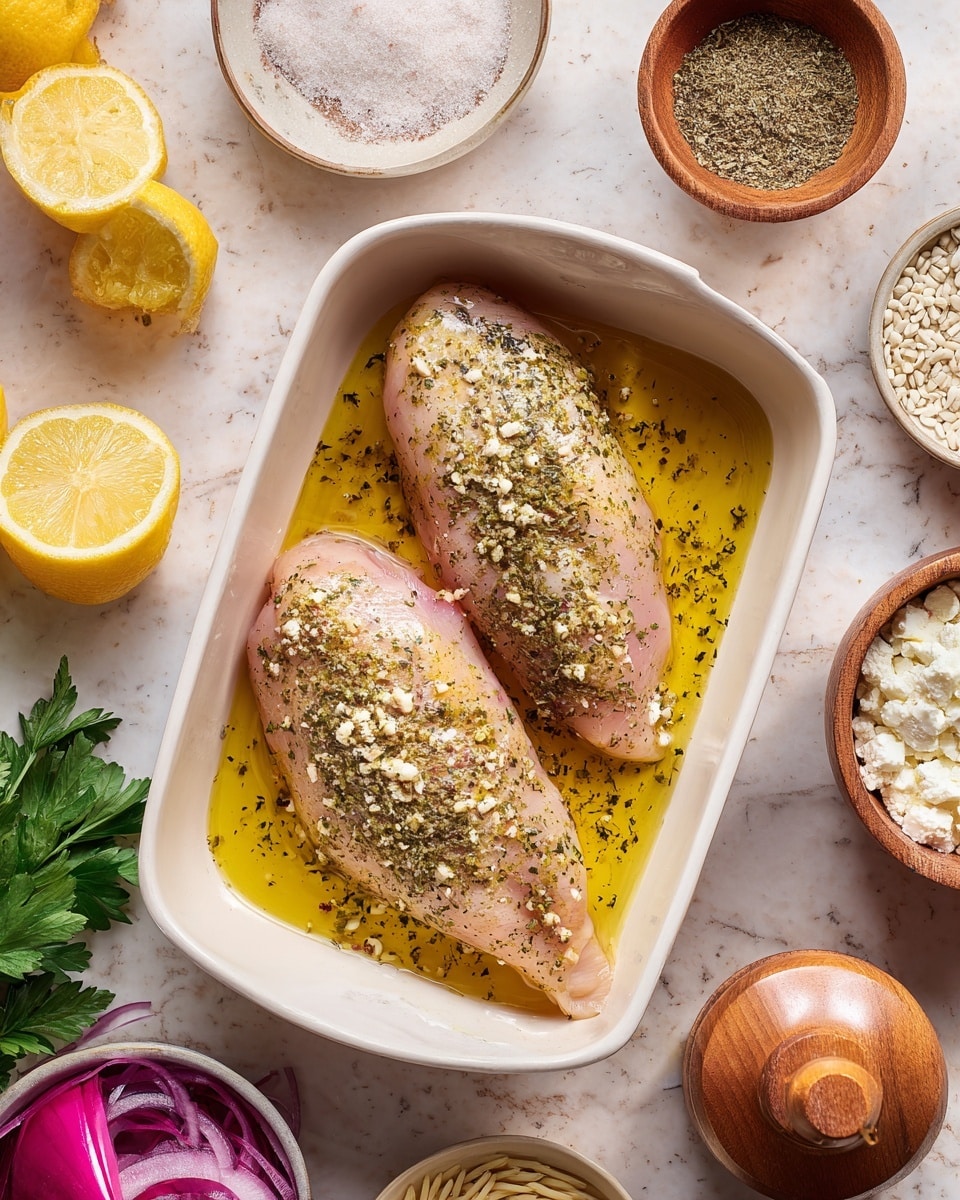 The image shows a close-up of two raw chicken breasts lying in a white rectangular baking dish, covered in olive oil and sprinkled with dried herbs. The chicken has a light pink color with a slightly shiny texture from the oil. Around the dish, various small bowls hold ingredients including a white bowl of halved lemons, a brown bowl of salt mixed with herbs, a small bowl of creamy white sauce, a bowl of uncooked orzo pasta, a bowl of crumbly white cheese, and a bowl of pickled red onions. A wooden pepper grinder and a sprig of fresh green parsley are also visible, all set against a white marbled surface. photo taken with an iphone --ar 4:5 --v 7