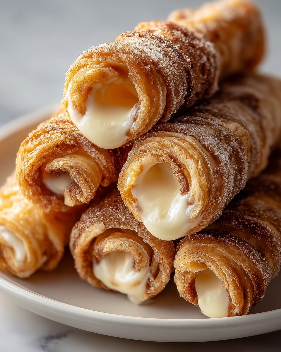 The image shows a close-up of five rolled pastries stacked together on a white plate, placed on a white marbled surface. Each pastry has a golden-brown, crispy outer layer with visible swirls of sugar and cinnamon dusted on top. The pastries have a slightly glossy texture with swirls of creamy white filling oozing out from the ends, adding a soft contrast to the crunchy exterior. The layers of the pastry are thin and flaky, tightly wrapped in a spiral shape. The focus is sharp on the front pastries, showing detailed textures of both the crunchy outside and creamy filling inside. photo taken with an iphone --ar 4:5 --v 7