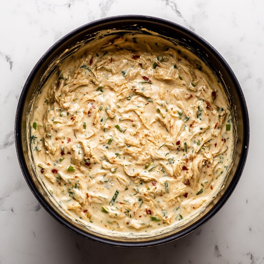 This image shows a close-up of shredded chicken mixed into a creamy sauce with a light orange-brown color, dotted with small green bits likely herbs or peppers. The texture is thick and rich with visible shreds of white chicken throughout the sauce. The food fills the entire visible area of a black cooking pot, with some sauce clinging to the sides. The background is a white marbled texture. photo taken with an iphone --ar 4:5 --v 7